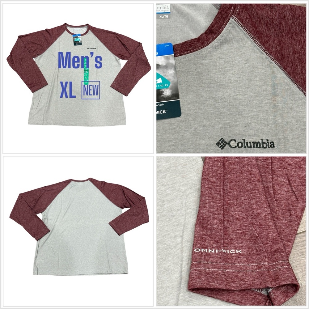 Men’s Columbia XL Crewneck Shirt T-Shirt Red Gray Long Sleeve Omni-Wick NWT